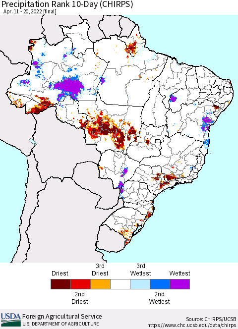 Brazil Precipitation Rank since 1981, 10-Day (CHIRPS) Thematic Map For 4/11/2022 - 4/20/2022