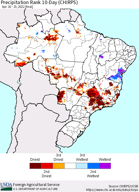 Brazil Precipitation Rank since 1981, 10-Day (CHIRPS) Thematic Map For 4/16/2022 - 4/25/2022