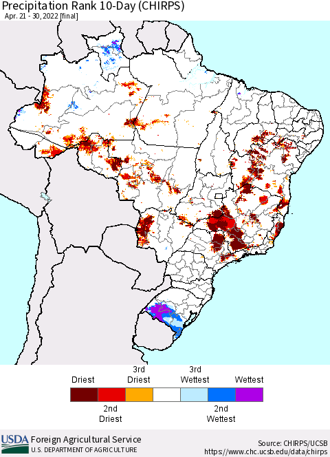 Brazil Precipitation Rank since 1981, 10-Day (CHIRPS) Thematic Map For 4/21/2022 - 4/30/2022