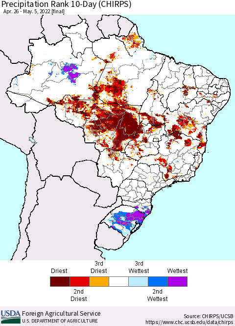 Brazil Precipitation Rank since 1981, 10-Day (CHIRPS) Thematic Map For 4/26/2022 - 5/5/2022