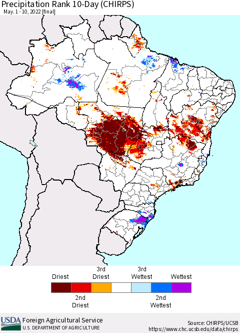 Brazil Precipitation Rank since 1981, 10-Day (CHIRPS) Thematic Map For 5/1/2022 - 5/10/2022