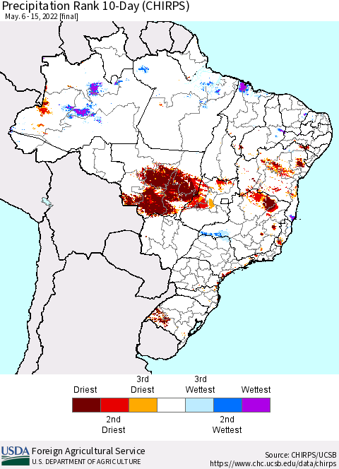 Brazil Precipitation Rank since 1981, 10-Day (CHIRPS) Thematic Map For 5/6/2022 - 5/15/2022