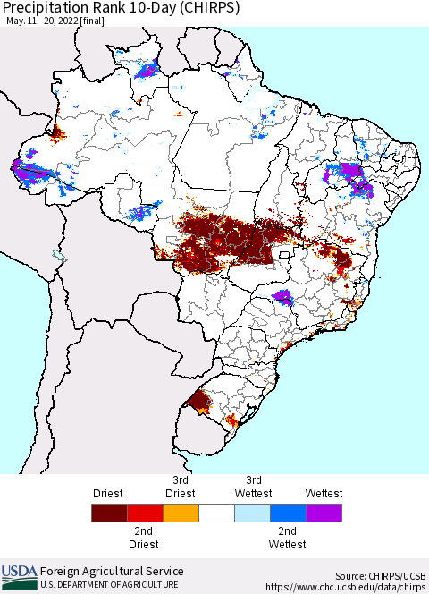 Brazil Precipitation Rank since 1981, 10-Day (CHIRPS) Thematic Map For 5/11/2022 - 5/20/2022