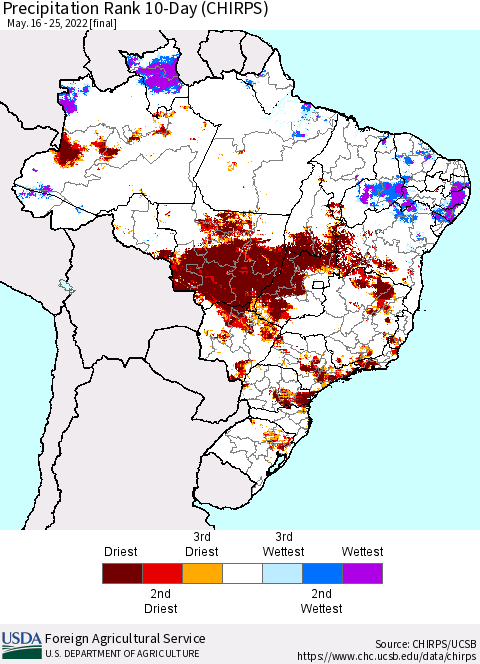 Brazil Precipitation Rank since 1981, 10-Day (CHIRPS) Thematic Map For 5/16/2022 - 5/25/2022
