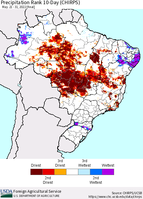 Brazil Precipitation Rank since 1981, 10-Day (CHIRPS) Thematic Map For 5/21/2022 - 5/31/2022