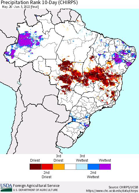 Brazil Precipitation Rank since 1981, 10-Day (CHIRPS) Thematic Map For 5/26/2022 - 6/5/2022