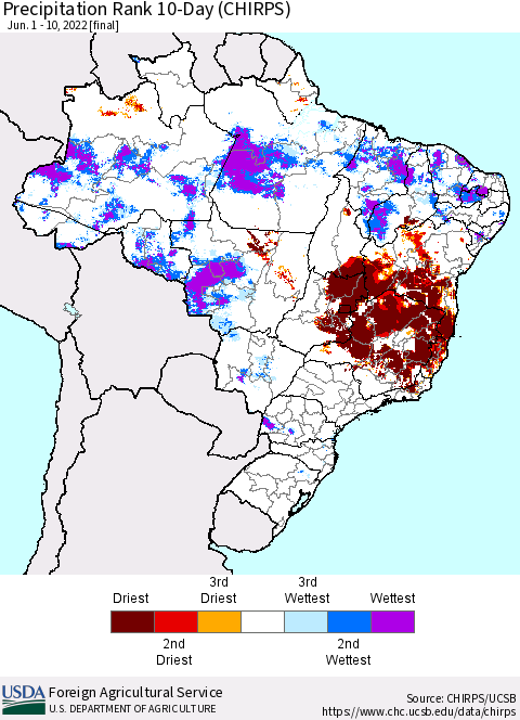 Brazil Precipitation Rank since 1981, 10-Day (CHIRPS) Thematic Map For 6/1/2022 - 6/10/2022