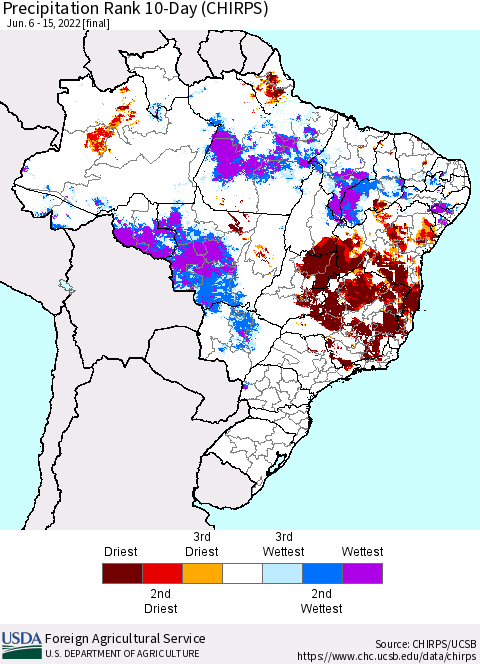 Brazil Precipitation Rank since 1981, 10-Day (CHIRPS) Thematic Map For 6/6/2022 - 6/15/2022