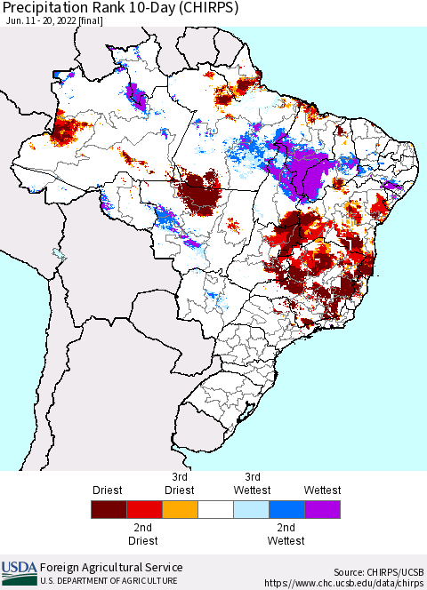 Brazil Precipitation Rank since 1981, 10-Day (CHIRPS) Thematic Map For 6/11/2022 - 6/20/2022