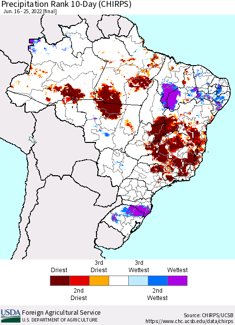 Brazil Precipitation Rank since 1981, 10-Day (CHIRPS) Thematic Map For 6/16/2022 - 6/25/2022