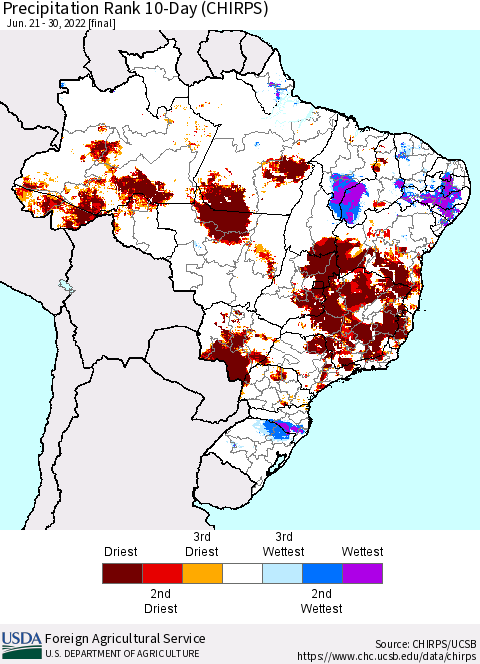 Brazil Precipitation Rank since 1981, 10-Day (CHIRPS) Thematic Map For 6/21/2022 - 6/30/2022