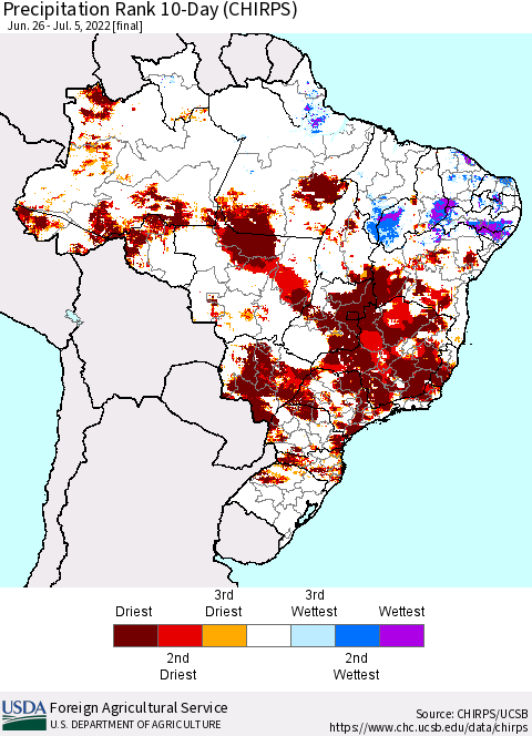 Brazil Precipitation Rank since 1981, 10-Day (CHIRPS) Thematic Map For 6/26/2022 - 7/5/2022