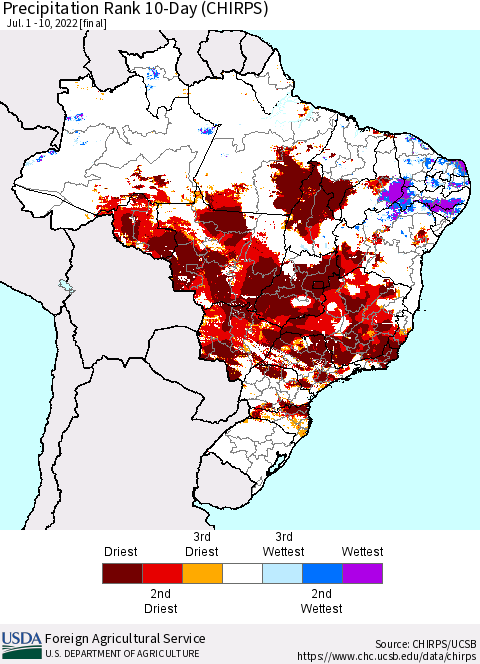 Brazil Precipitation Rank since 1981, 10-Day (CHIRPS) Thematic Map For 7/1/2022 - 7/10/2022