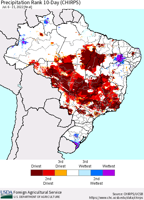 Brazil Precipitation Rank since 1981, 10-Day (CHIRPS) Thematic Map For 7/6/2022 - 7/15/2022