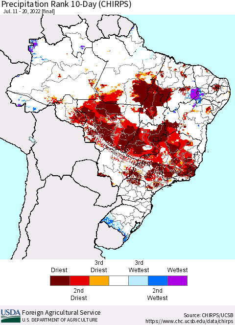 Brazil Precipitation Rank since 1981, 10-Day (CHIRPS) Thematic Map For 7/11/2022 - 7/20/2022