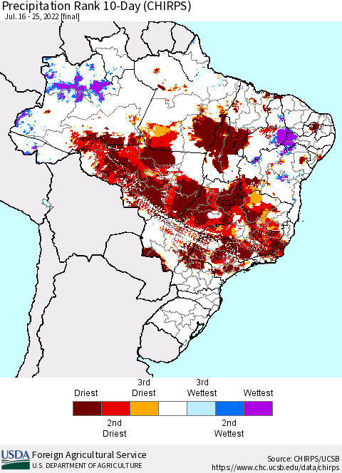 Brazil Precipitation Rank since 1981, 10-Day (CHIRPS) Thematic Map For 7/16/2022 - 7/25/2022