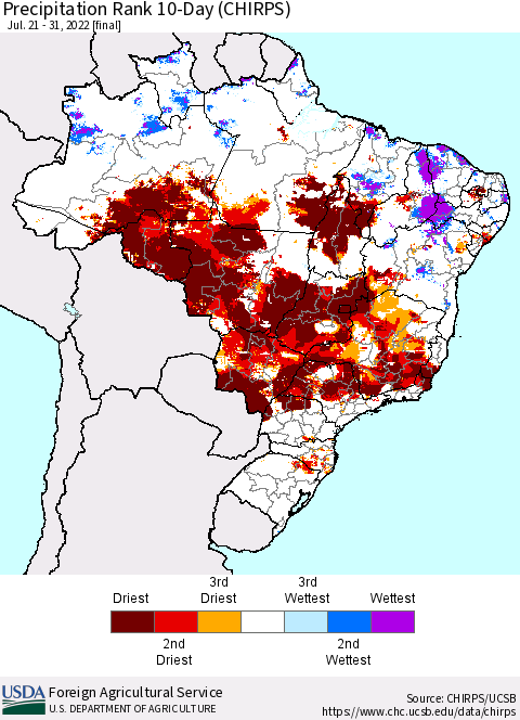 Brazil Precipitation Rank since 1981, 10-Day (CHIRPS) Thematic Map For 7/21/2022 - 7/31/2022