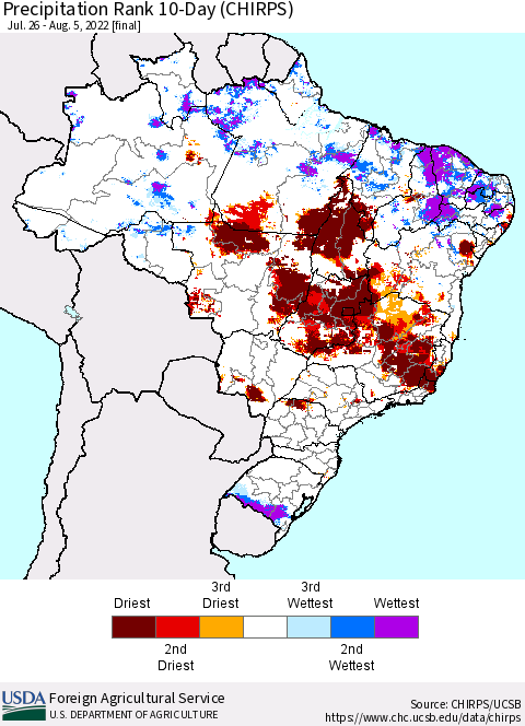 Brazil Precipitation Rank since 1981, 10-Day (CHIRPS) Thematic Map For 7/26/2022 - 8/5/2022