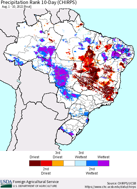 Brazil Precipitation Rank since 1981, 10-Day (CHIRPS) Thematic Map For 8/1/2022 - 8/10/2022