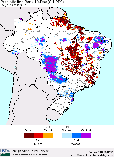 Brazil Precipitation Rank since 1981, 10-Day (CHIRPS) Thematic Map For 8/6/2022 - 8/15/2022