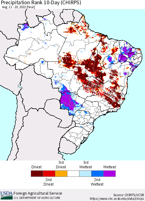 Brazil Precipitation Rank since 1981, 10-Day (CHIRPS) Thematic Map For 8/11/2022 - 8/20/2022