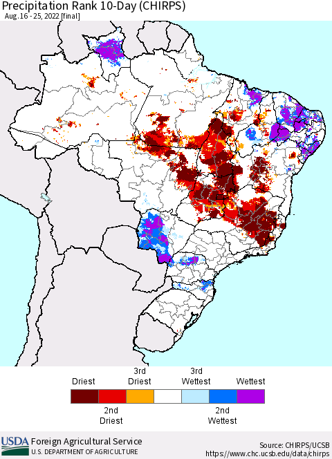 Brazil Precipitation Rank since 1981, 10-Day (CHIRPS) Thematic Map For 8/16/2022 - 8/25/2022
