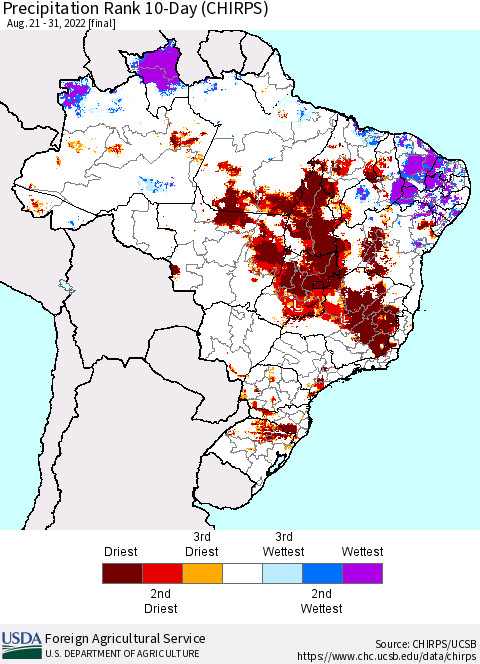 Brazil Precipitation Rank since 1981, 10-Day (CHIRPS) Thematic Map For 8/21/2022 - 8/31/2022