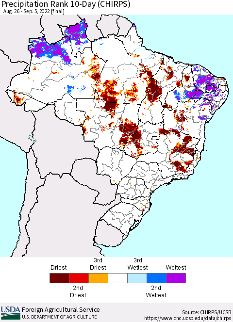 Brazil Precipitation Rank since 1981, 10-Day (CHIRPS) Thematic Map For 8/26/2022 - 9/5/2022