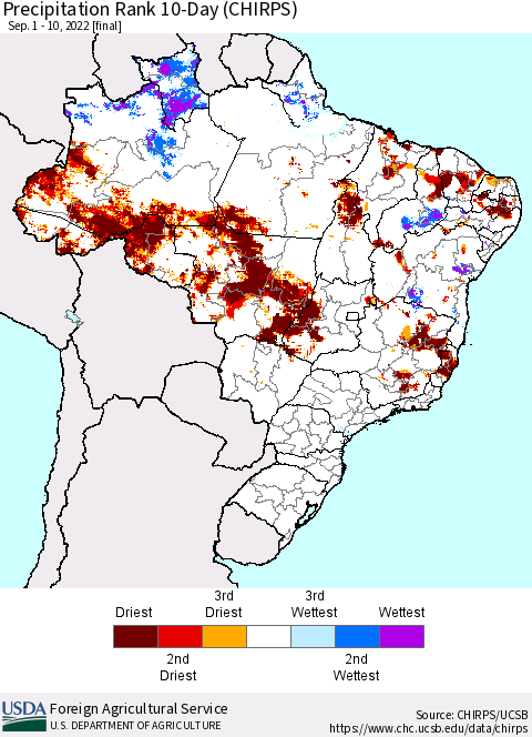 Brazil Precipitation Rank since 1981, 10-Day (CHIRPS) Thematic Map For 9/1/2022 - 9/10/2022