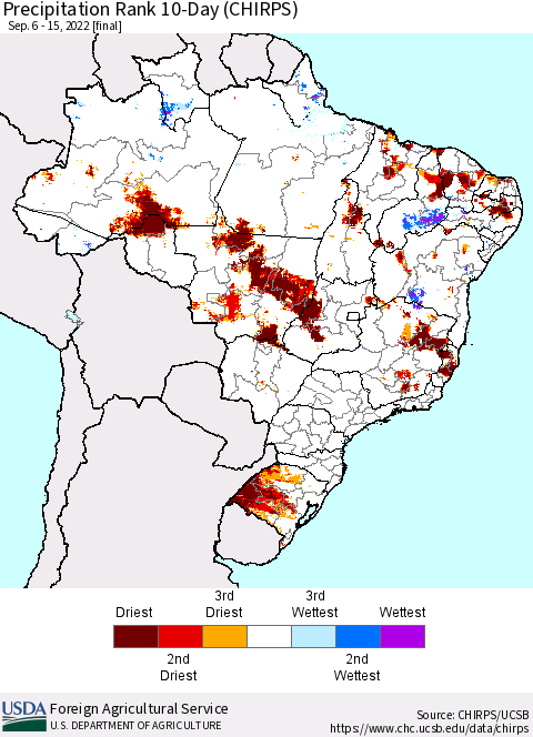 Brazil Precipitation Rank since 1981, 10-Day (CHIRPS) Thematic Map For 9/6/2022 - 9/15/2022