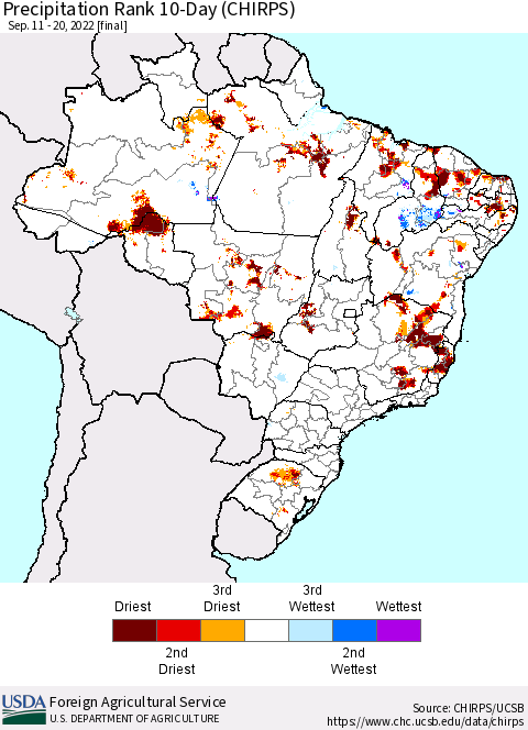 Brazil Precipitation Rank since 1981, 10-Day (CHIRPS) Thematic Map For 9/11/2022 - 9/20/2022