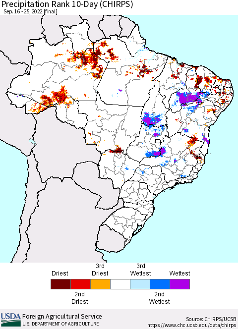 Brazil Precipitation Rank since 1981, 10-Day (CHIRPS) Thematic Map For 9/16/2022 - 9/25/2022