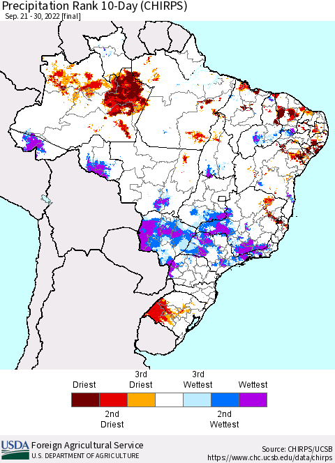 Brazil Precipitation Rank since 1981, 10-Day (CHIRPS) Thematic Map For 9/21/2022 - 9/30/2022