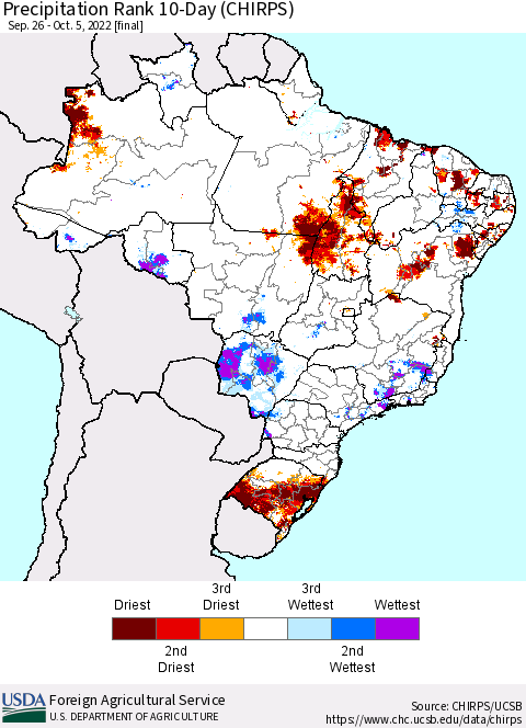 Brazil Precipitation Rank since 1981, 10-Day (CHIRPS) Thematic Map For 9/26/2022 - 10/5/2022