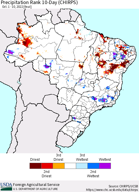 Brazil Precipitation Rank since 1981, 10-Day (CHIRPS) Thematic Map For 10/1/2022 - 10/10/2022