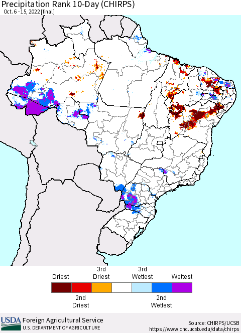 Brazil Precipitation Rank since 1981, 10-Day (CHIRPS) Thematic Map For 10/6/2022 - 10/15/2022
