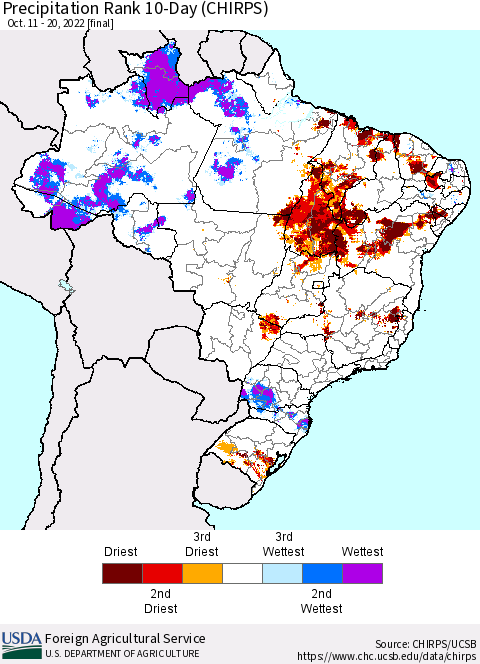 Brazil Precipitation Rank since 1981, 10-Day (CHIRPS) Thematic Map For 10/11/2022 - 10/20/2022