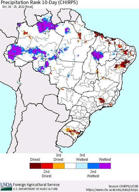 Brazil Precipitation Rank since 1981, 10-Day (CHIRPS) Thematic Map For 10/16/2022 - 10/25/2022