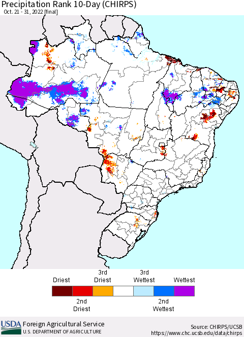 Brazil Precipitation Rank since 1981, 10-Day (CHIRPS) Thematic Map For 10/21/2022 - 10/31/2022