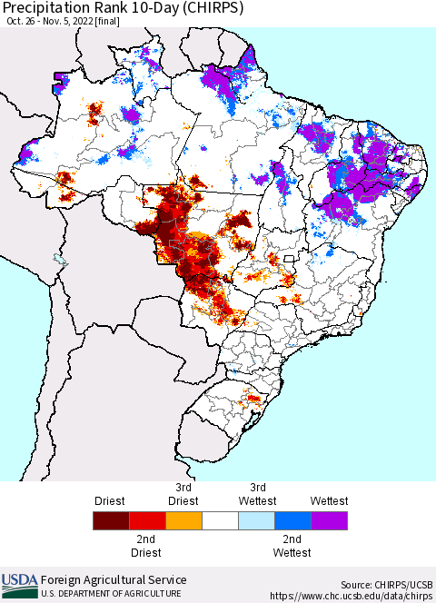 Brazil Precipitation Rank since 1981, 10-Day (CHIRPS) Thematic Map For 10/26/2022 - 11/5/2022