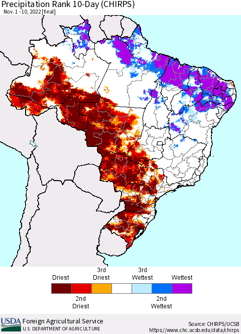 Brazil Precipitation Rank since 1981, 10-Day (CHIRPS) Thematic Map For 11/1/2022 - 11/10/2022