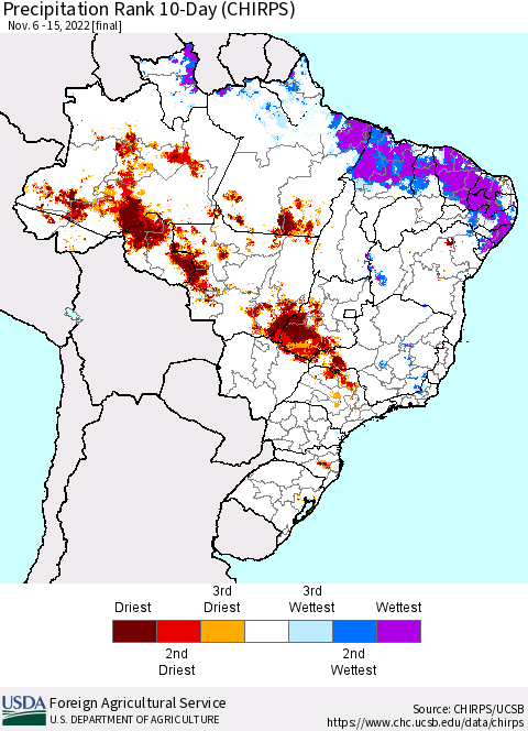 Brazil Precipitation Rank since 1981, 10-Day (CHIRPS) Thematic Map For 11/6/2022 - 11/15/2022