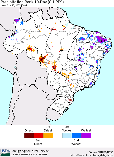 Brazil Precipitation Rank since 1981, 10-Day (CHIRPS) Thematic Map For 11/11/2022 - 11/20/2022