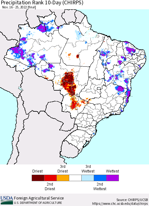 Brazil Precipitation Rank since 1981, 10-Day (CHIRPS) Thematic Map For 11/16/2022 - 11/25/2022