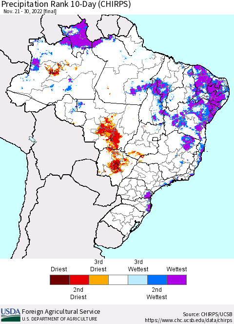 Brazil Precipitation Rank since 1981, 10-Day (CHIRPS) Thematic Map For 11/21/2022 - 11/30/2022