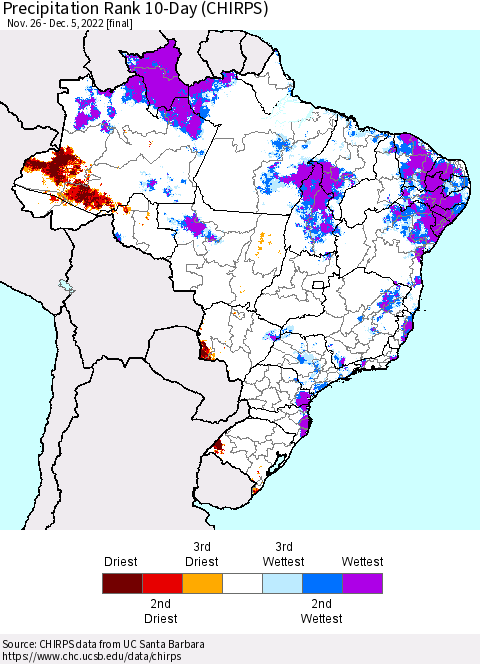 Brazil Precipitation Rank since 1981, 10-Day (CHIRPS) Thematic Map For 11/26/2022 - 12/5/2022