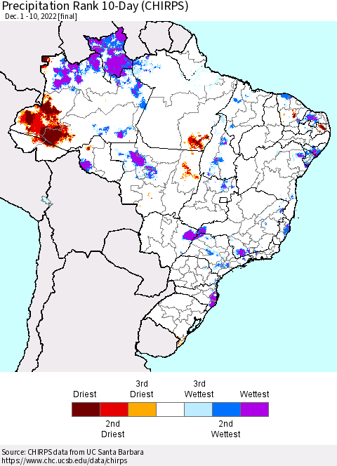 Brazil Precipitation Rank since 1981, 10-Day (CHIRPS) Thematic Map For 12/1/2022 - 12/10/2022