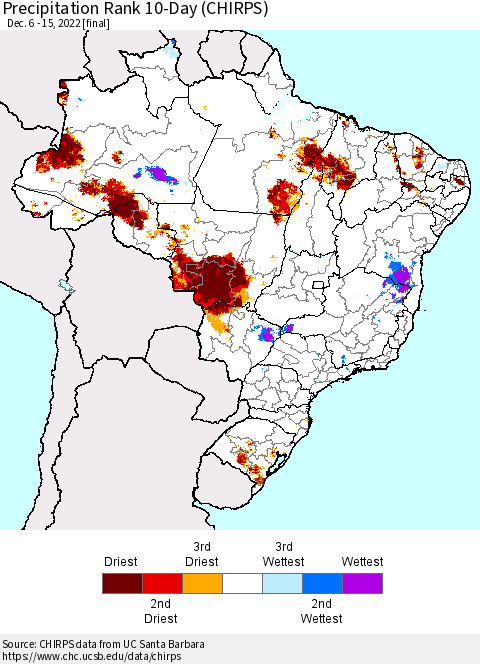 Brazil Precipitation Rank since 1981, 10-Day (CHIRPS) Thematic Map For 12/6/2022 - 12/15/2022