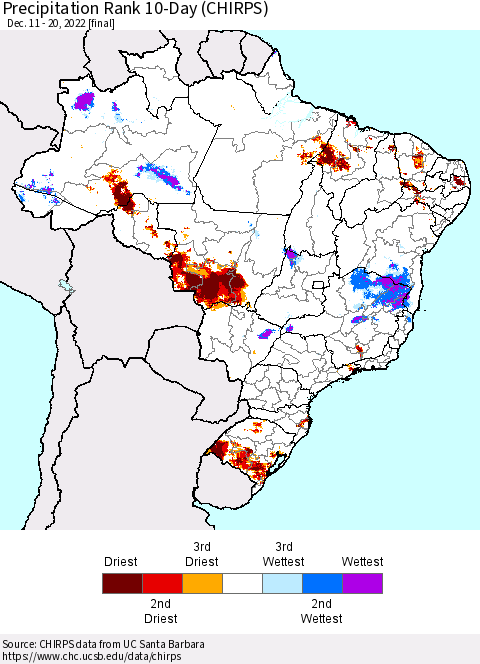 Brazil Precipitation Rank since 1981, 10-Day (CHIRPS) Thematic Map For 12/11/2022 - 12/20/2022