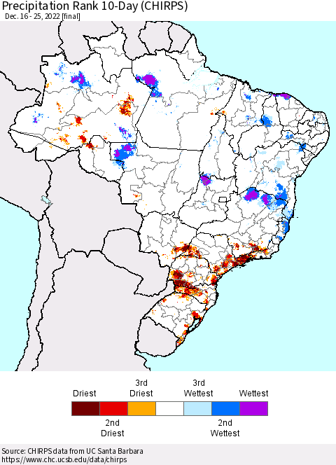 Brazil Precipitation Rank since 1981, 10-Day (CHIRPS) Thematic Map For 12/16/2022 - 12/25/2022